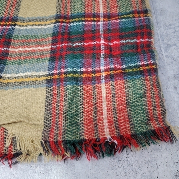 Red Tan Green Blue Yellow Plaid Blanket Scarf with Fringe - Picture 3 of 3